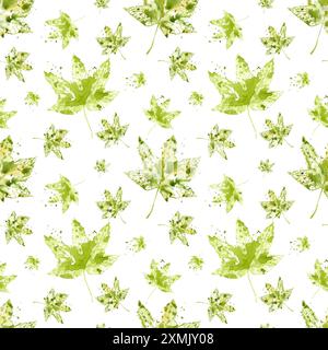 Gelb-grüne Ahornblätter. Blattabdrücke. Fliegende Blätter mit Aquarellspritzern, Flecken. Nahtloses Muster mit Waldpflanze. Blumenabbildung Stockfoto