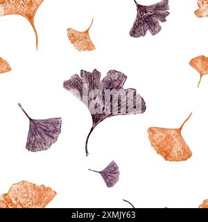 Bunte Herbstblätter. Silhouetten aus Kupfer und Gold mit Gingko-Blättern. Getrocknete abstrakte Fächerblätter. Nahtloses Herbstmuster. Aquarellabbildung Stockfoto