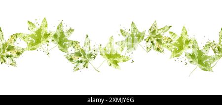 Leuchtendes Grün hinterlässt einen nahtlosen Rand. Blumenbanner mit Ahornblättern, Spritzern, Spray. Elegantes grünes Blatt im Aquarellstil. Frische Atmosphäre Stockfoto