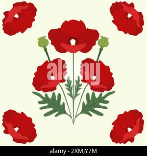 Rote Mohnblumen mit Blättern auf beigefarbenem nahtlosem Muster Vektor Stock Vektor