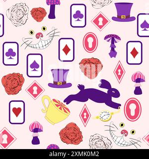 Alice im Wunderland Muster: Kaninchen, Cheshire Katze, Flamingo, Karten, Hut, Schlüssel Tasse Pilze Uhr und Rosen Stock Vektor