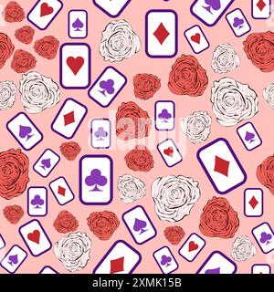 Alice im Wunderland Muster: Kaninchen, Cheshire Katze, Flamingo, Karten, Hut, Schlüssel Tasse Pilze Uhr und Rosen Stock Vektor