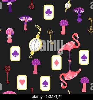 Alice im Wunderland Muster: Kaninchen, Cheshire Katze, Flamingo, Karten, Hut, Schlüssel Tasse Pilze Uhr und Rosen Stock Vektor