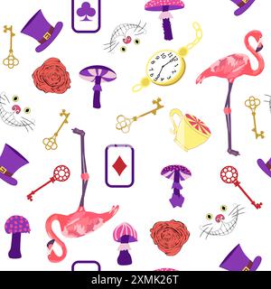 Alice im Wunderland Muster: Kaninchen, Cheshire Katze, Flamingo, Karten, Hut, Schlüssel Tasse Pilze Uhr und Rosen Stock Vektor