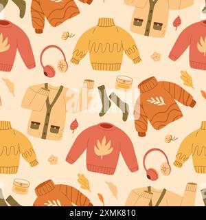 Kuschelige Herbstkleidung mit nahtlosem Muster. Pullover und Kopfhörer mit endlosem Hintergrund. Abdeckung für wiederholte Herbstfälle. Vektor handgezeichnet flache Illustration. Stock Vektor