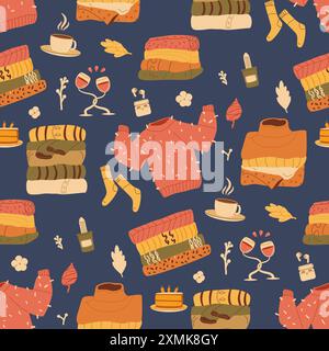 Ruhiges, bequemes, nahtloses Herbstmuster. Pullover mit endlosem Hintergrund. Vektor handgezeichnet flache Illustration. Stock Vektor