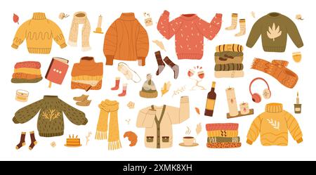 Set aus gemütlichen herbstlichen Pullover, Schals, Socken und warmen Accessoires. Herbstbekleidung. Vektor Hand gezeichnet flache Sammlung Illustration isoliert auf weiß Stock Vektor