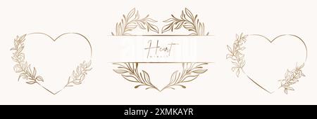 Set aus gezogenem goldenen Herzkranz und Blättern mit Blumenmuster Stock Vektor
