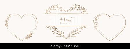 Set aus gezogenem goldenen Herzkranz und Blättern mit Blumenmuster Stock Vektor
