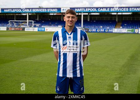 Joe Grey von Hartlepool United während des Hartlepool United Photo Call im Victoria Park, Hartlepool am Donnerstag, den 25. Juli 2024. (Foto: Mark Fletcher | MI News) Credit: MI News & Sport /Alamy Live News Stockfoto