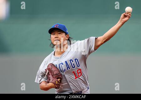 Kansas City, MO, USA. Juli 2024. Chicago Cubs Starting Pitcher Shota Imanaga (18) wirft gegen die Kansas City Royals im Kauffman Stadium in Kansas City, MO. David Smith/CSM (Credit Image: © David Smith/Cal Sport Media). Quelle: csm/Alamy Live News Stockfoto