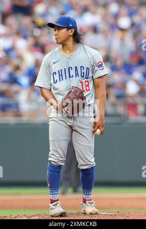 Kansas City, MO, USA. Juli 2024. Chicago Cubs startete den Pitcher Shota Imanaga (18) während eines Spiels gegen die Kansas City Royals im Kauffman Stadium in Kansas City, MO. David Smith/CSM/Alamy Live News Stockfoto