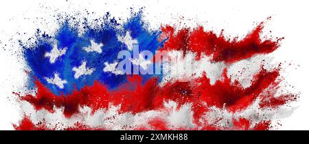 Bunte Flagge der vereinigten staaten von amerika USA rot blau Streifen Sterne Farbe holi Farbe Pulver Explosion isoliert auf weißem Hintergrund. US-amerikanischer Star Stockfoto