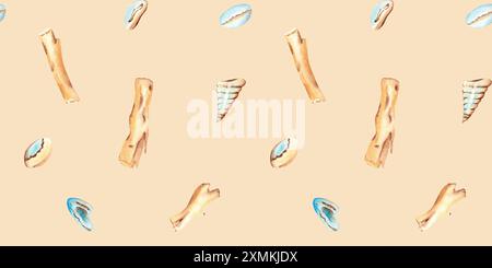 Aquarell unter dem Meer handgezeichnetes nahtloses Muster mit Muscheln und Holzstöcken auf beigefarbenem Hintergrund. Für Stoffe, Textilien, Kleidung, Tapeten Stockfoto