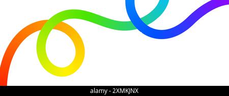 Wellige Regenbogenlinie mit Schlaufen. Farbenfrohe dynamische Kurven. Mehrfarbige Kritzellinien. Trendiger minimalistischer Druck für Banner- oder Posterhintergrund. Hintergrundbilder zum Thema „Sommer“, „Spaß“ oder „Happy“. Vektorabbildung. Stock Vektor