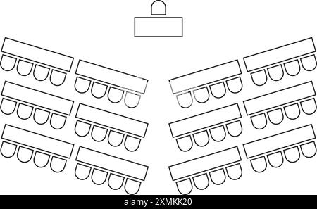 Sitzplan im Auditorium. Anordnung der Sitzplätze im Schulungsraum. Schema des Arbeitsbereichs in Vorträgen, Tagungen oder Konferenzen, Schulungen oder Seminaren für Geschäftsereignisse Stock Vektor