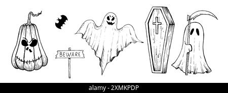 Halloween Sensenmann, Kürbis, Fledermaus. Hölzerne Schildertafel Vorsicht. Vektor handgemalte lineare Geister, Sarg mit Kreuz, Monster Silhouette Illustration Stock Vektor