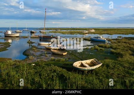 Salzwiesen in Leigh-on-Sea, Essex, Großbritannien, mit Yachten und verfallenen Booten am frühen Abend Stockfoto