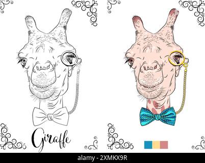 Vektor-Malbuch-Seite einer Giraffe mit Fliege und Monokel, bereit zum Färben Stock Vektor