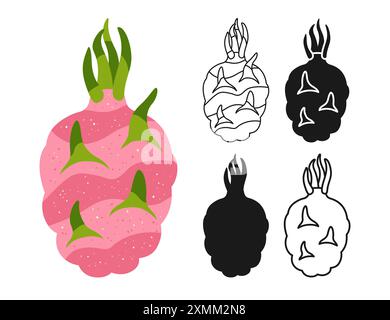 Drachenfrucht-Symbol-Zeichentrickset. Saftige, ganze reife Drachenfrucht, lineare Kritzelikone. Abstrakte tropische flache handgezeichnete Frucht. Signieren Sie stilisierte einfache lineare oder Silhouettengrafik. Trendige Vektor-Illustration Stock Vektor