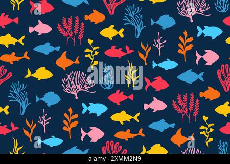 Unterwassertapete im Meer, nahtloses Muster mit Fischen in Silhouette. Cartoon Meeresfische und Meeresalgen, Korallen, grenzenloser Hintergrund. Kindliches, schlichtes, endloses Design für die Schablone für Textilverpackungen Stock Vektor