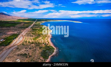 Panoramablick auf den Issyk Kul See, Kirgisistan, Asien Stockfoto