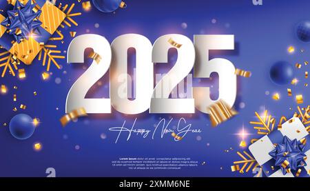Frohes Neues Jahr 2025. Festliche, realistische weihnachtsdekoration elegante Nummer zur Feier 2025, Kalender und Poster Stock Vektor