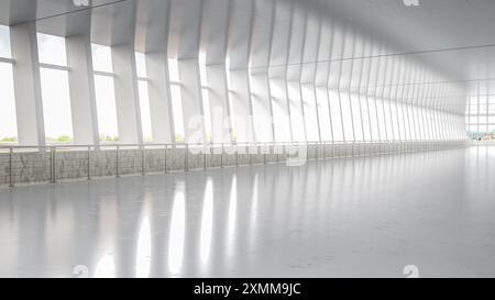 3D-Rendering des leeren Flughafengehäuses mit Fenstergläsern Stockfoto