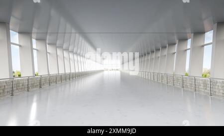 3D-Rendering des leeren Flughafengehäuses mit Fenstergläsern Stockfoto