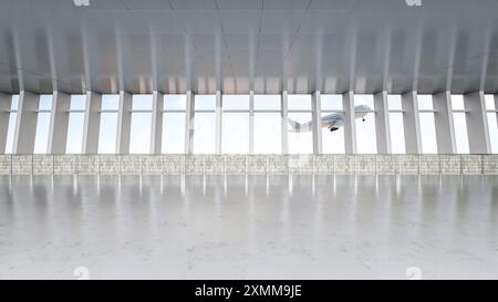 3D-Rendering des leeren Flughafengehäuses mit Fenstergläsern Stockfoto