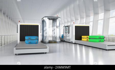 3D-rendering Sicherheitskontrolle am Flughafen mit Sicherheit Tore und Scanner Maschine Stockfoto