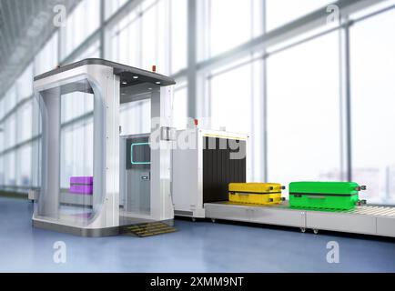 3D-rendering Sicherheitskontrolle am Flughafen mit Sicherheit Tore und Scanner Maschine Stockfoto