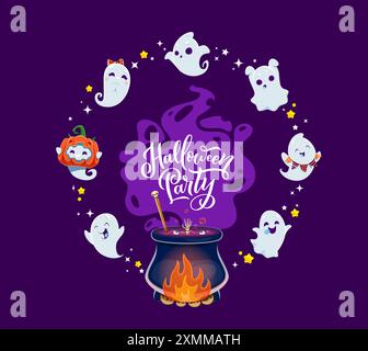 Halloween-Party-Banner, süße Kawaii-Geister mit Hexentrankkessel. Vektor-Feiertagsgrußkarte mit niedlichen Zeichentrickgeistern beschwören Magie durch eine Blase Stock Vektor