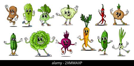 Groovige Gemüsefiguren mit fröhlichen und verspielten Gesichtern im Retro-Stil. Vektorkartoffel, Kohl, Sellerie, Brokkoli und Knoblauch. Karotten, rote Chili pepp Stock Vektor