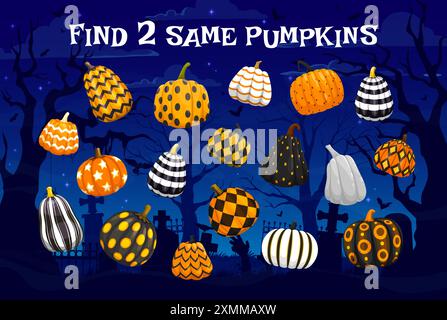 Kinder spielen, finde zwei gleiche Halloween-Kürbisse auf dem Friedhof. Suche nach Details, gleiche Bilder finden Kinder Vektor spielen Aktivität, Kinderspiel funktioniert Stock Vektor