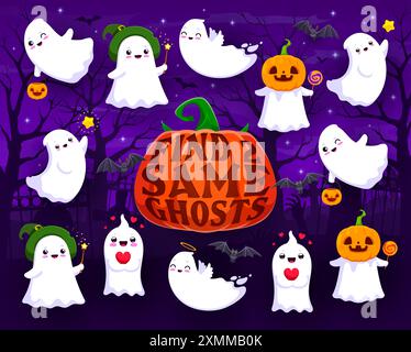 Halloween-Spiel-Arbeitsblatt, finde zwei süße Kawaii-Geister, Vektor-Cartoon-Puzzle. Finde dieselben lustigen Buh-Geister mit Kürbislaterne, in Hexe Stock Vektor