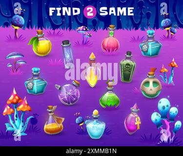 Kinder spielen, finde zwei gleiche Halloween-Trank-Flaschen. Vektorpädagogische Kinder Rätsel, Freizeitaktivität Arbeitsblatt mit Zeichentrickglasflaschen bei Nacht m Stock Vektor