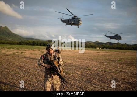 Die peruanischen Marines des 1. Bataillons der Peru Naval Infantry bereiten sich am 27. Juli 2024 auf die Probe eines Luftangriffs im Marinekorps-Trainingsgebiet Ballows vor. Während der Probe schlossen sich Partnerkräfte aus mehreren Nationen während der Übung Rim of the Pacific an, um die Interoperabilität zwischen den Kampfkräften zu fördern. 29 Nationen, 40 Überlandschiffe, drei U-Boote, 14 nationale Landstreitkräfte, mehr als 150 Flugzeuge und 25.000 Mitarbeiter nehmen vom 27. Juni bis 1. August an der RIMPAC Teil. Der größte internationale flughafen der Welt Stockfoto