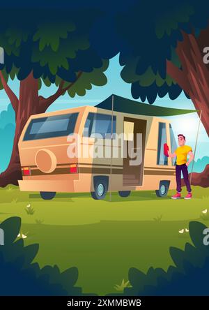 Junger Mann wischt sich am Sommer- oder Frühlingstag mit einem Stofffenster des Wohnwagens im Wald ab. Karikaturvektor-Illustration der männlichen Person im Urlaub mit Wohnwagen im Park oder Garten mit grünen Bäumen und Gras. Stock Vektor