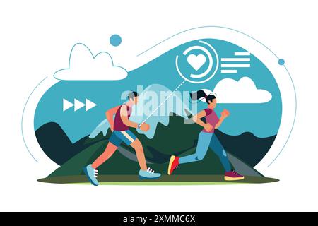Leute laufen lassen. Mann und Frau laufen im Park, Mann und Mädchen mit Sportuhren, Fitnessanwendung. Marathon oder Rennen. Gesunder Lebensstil. Sprinter in spo Stock Vektor