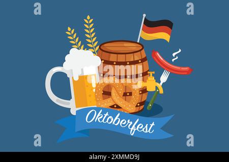 Fröhliches Oktoberfest fest mit Bier, Wurst, Lebkuchen und deutscher Flagge. Handgezeichnete Vorlagen Für Flat Cartoon. Vektorabbildung Stock Vektor