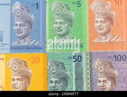 Tuanku Abdul Rahman Porträt auf malaysischen 1-, 5-, 10-, 20-, 50- und 100-Ringgit-Banknoten. Farbenfrohe Geldscheine-Sammlung Stockfoto