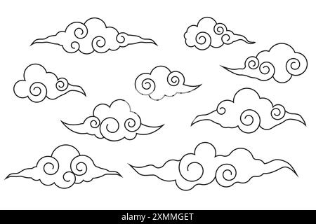Japanisches Wolkenset, asiatisches traditionelles gewelltes Lockenschmuck. China-Ornament, östliche Deko-Kritzelei, Linie. Wolken fließen mit dem Wind am Himmel. Vektorabbildung Stock Vektor