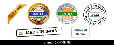 Hergestellt in Indien Gummistempel orange grüne Emblem Aufkleber Siegelabzeichen Stock Vektor
