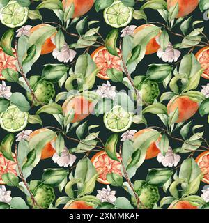 Laub mit verschiedenen Zitrusfrüchten und weißen Blumen nahtloses Aquarellmuster isoliert auf dunklem Hintergrund. Handgezeichnete Grapefruit im botanischen Skizzenstil Stockfoto
