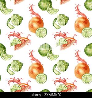 Zitrusfrüchte reife Früchte mit saftigem Spritzer auf Aquarellmuster isoliert auf weiß. Handgezeichnete helle Sommerpflanzen Bergamotte und Grapefruit in Stockfoto