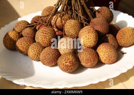 Litschi oder Litchi (Litchi chinensis) Früchte bedeckt mit harter, rauer Haut : (Pixel Sanjiv Shukla) Stockfoto