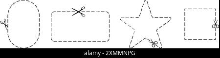 Symbol hier ausschneiden. Set aus Scheren, Schneideform, hier geschnittenes Papier, Symbol mit gepunkteter Linie für Ticket, Gutschein, Aktionscode. Stock Vektor