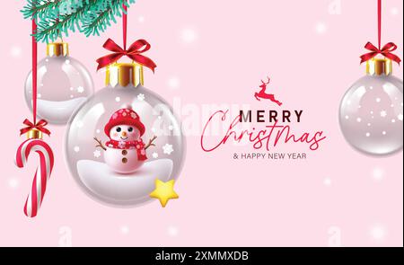 Frohe weihnachten Gruß Vektor-Design. Weihnachtsgrüßtext mit Schneemanncharakter in hängendem Kugelglas, Kristallkugeln, Zuckerrohr und Fichte Stock Vektor