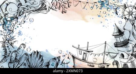 Leuchtturm, Boot- und Meerestiere mit Farbflecken und Spritzern. Abbildung von grafischen Strichgrafiken in Schwarzweiß, handgezeichnet. Rahmen für Stock Vektor